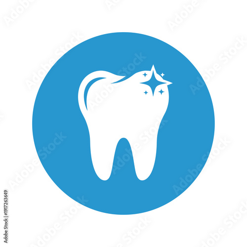 A white tooth with sparkles is centered in a blue circle on a white background.