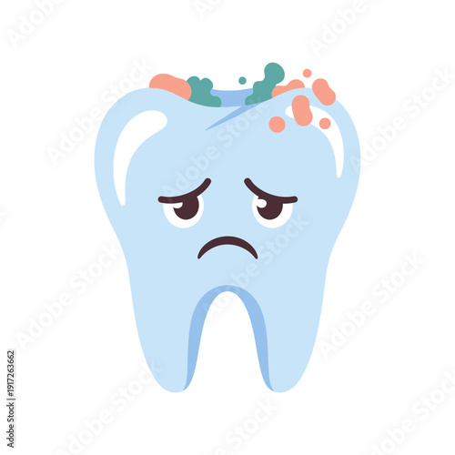 A cartoon tooth with a frowning face and decay on its surface is illustrated on a white background.