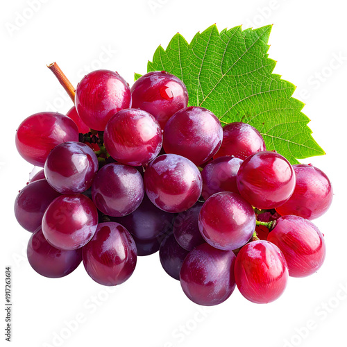 Fresh bunch of ripe red grapes with green leaf isolated on white background