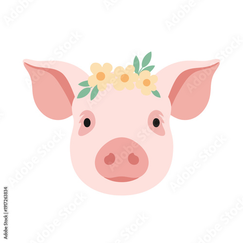 An adorable pink pig with a floral crown on its head looks directly at the viewer on a white background in an illustration.
