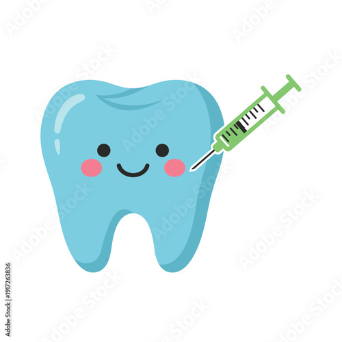 Cartoon tooth receiving injection from syringe in dental procedure illustration