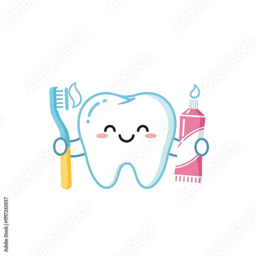 A smiling tooth character holding a toothbrush and toothpaste tube, illustration for dental hygiene, white background, front view