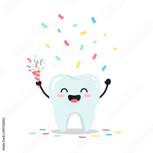 A cartoon tooth is celebrating with party popper and confetti around it in an illustration.