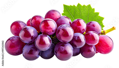 Fresh bunch of ripe red grapes with green leaf isolated on white background
