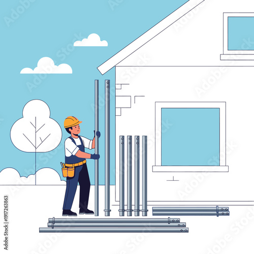 Construction worker installing metal frame near house.