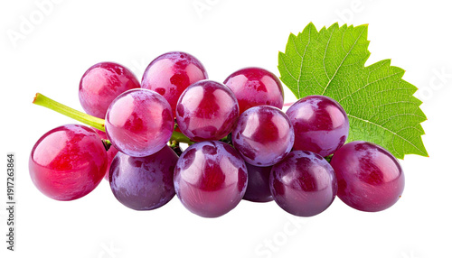 Fresh bunch of ripe red grapes with green leaf isolated on white background
