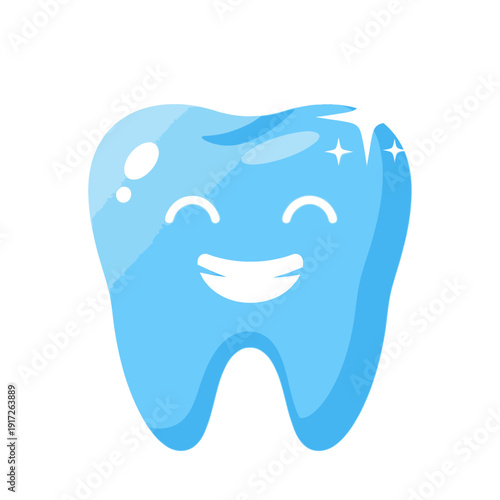 A smiling blue cartoon tooth with sparkles on a white background looks happy.