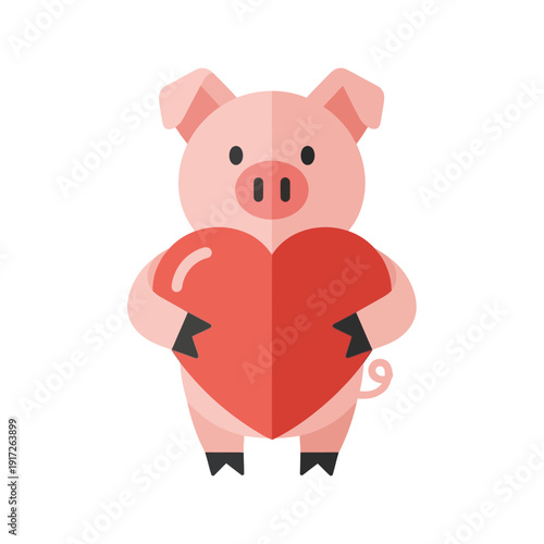 A cute cartoon pig holds a large red broken heart in its hands on a white background.
