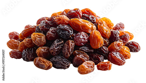 Bunch of assorted raisins and dried grapes heap isolated on white background