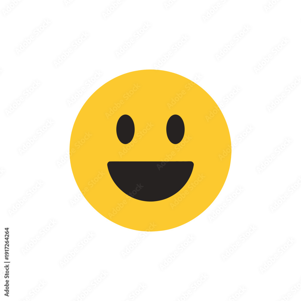 Fototapeta premium A smiling yellow emoticon face with a wide grin and oval eyes on a white background.