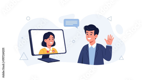Online video call, man waving to woman on computer screen, communication concept