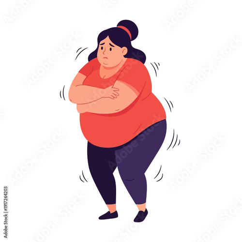 Overweight woman feels self-conscious standing alone in a public place feeling anxious.