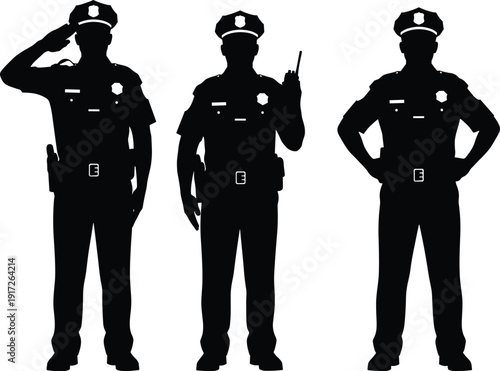 Set of three black silhouettes of police officers in uniform saluting, using a walkie talkie, and standing with hands on hips isolated on white.