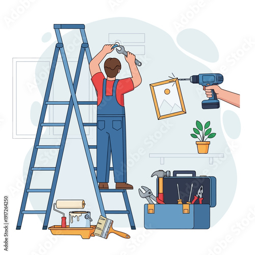 Handyman hanging picture on wall with tools.