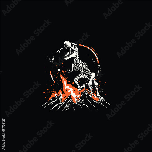 illustration of a T-Rex dinosaur skeleton standing on a volcanic mountain with fire and lava, prehistoric fossil concept on black background.