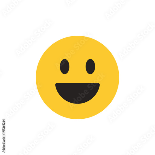 A smiling yellow emoticon face with a wide grin and oval eyes on a white background.