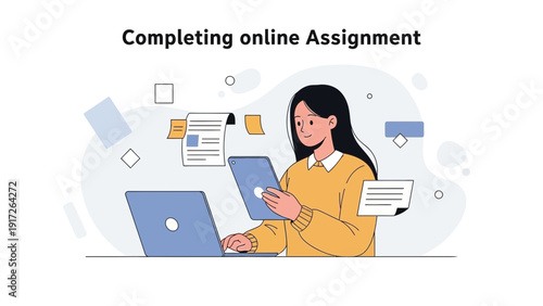 Young Woman Completing Online Assignment on Laptop and Tablet