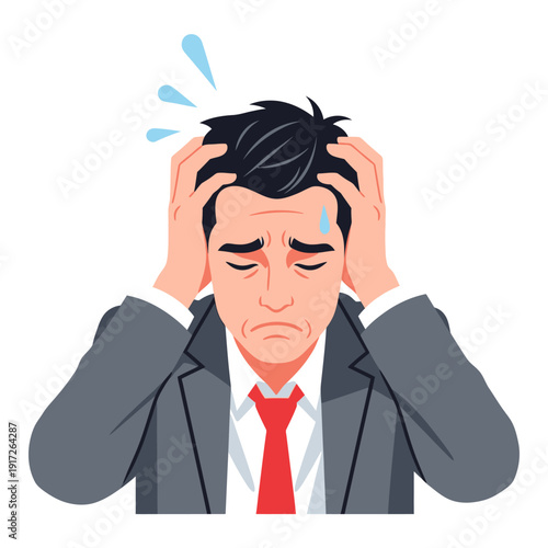 A stressed businessman in a suit holds his head with hands.
