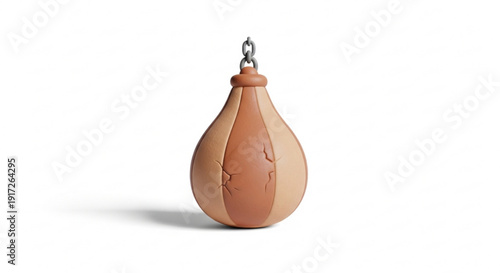 Punching bag hanging from metal chain on white background for fitness
