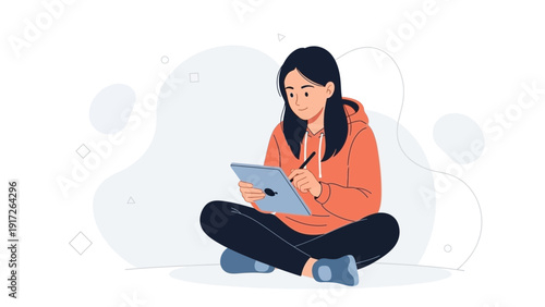 Young woman drawing on digital tablet, creative illustration, lifestyle concept