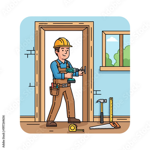 Construction worker measuring doorway in unfinished room.