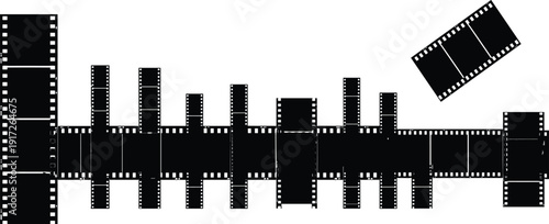 Abstract Silhouette Composition of Vintage Film Strips and Analog Negative Frames Arranged in a Creative Horizontal Pattern for Cinema, Photography, and Media Production Projects