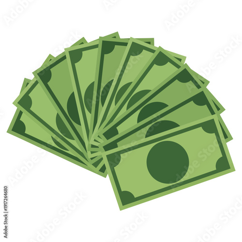 The illustration shows a fan-shaped arrangement of green banknotes on a white background.