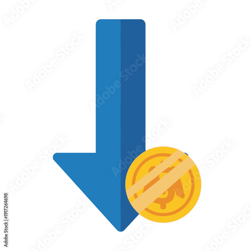 A large blue downward arrow blocks a yellow coin with a diagonal line across it.