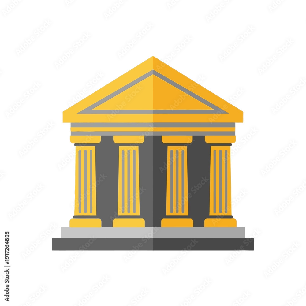 Obraz premium A stylized illustration of a building with columns and a triangular roof stands alone on a flat surface in a graphic design.