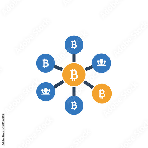 The Bitcoin logo connects to various icons representing cryptocurrency and blockchain technology on a white background.