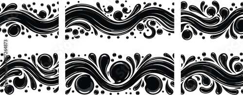 Set of Abstract Black Liquid Wave Borders and Flowing Water Splashes with Droplets and Swirls for Decorative Graphic Design Elements Isolated on White Background