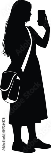 Silhouette of a Young Woman with Long Hair Holding a Smartphone Taking a Selfie or Recording Video While Wearing a Crossbody Bag Isolated