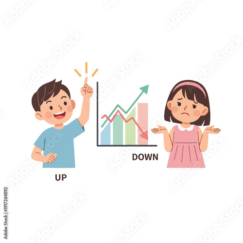 A boy points up at a rising graph while a girl shrugs at a falling graph in a colorful illustration.