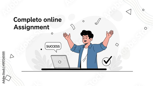 Student celebrating online assignment success with laptop, confetti, and checkmark.