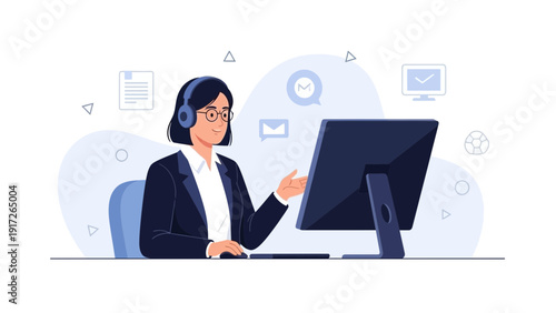 Customer service representative with headset and computer, working in call center.