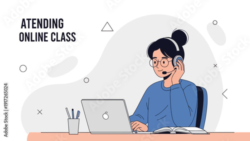 Student Attending Online Class with Laptop and Headset