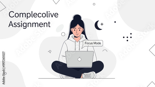 Woman working on laptop, focus mode, completing assignment, online education, remote work