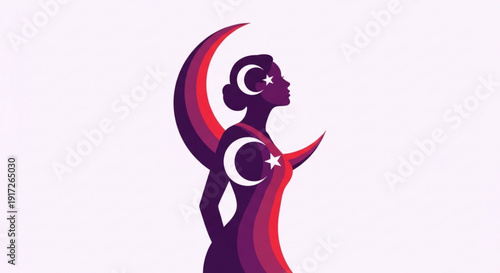 Woman in purple dress with crescent moon and stars on body standing against red crescent moon