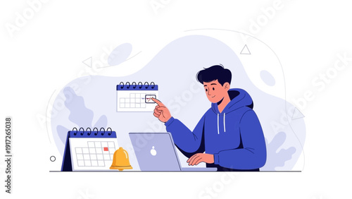 Man planning schedule with calendar and laptop, time management concept