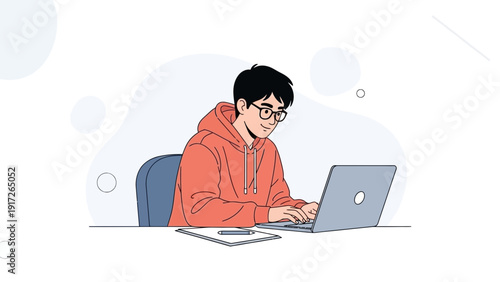 Young man in hoodie using laptop, studying or working online, modern flat illustration