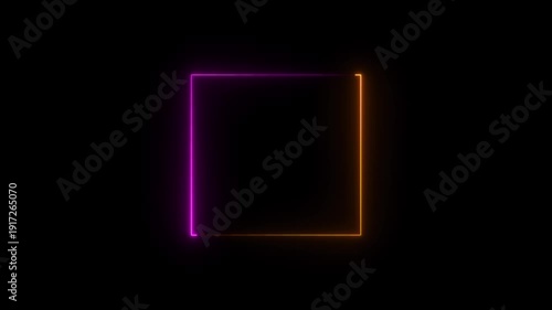 Light glowing pink and orange neon rectangle shape animation in retro style Seamless background. Colourful laser show seamless loop 4K border. Neon glowing rectangle frame background.