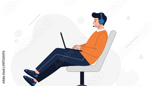 Man working on laptop with headset, remote work, customer support, freelance illustration