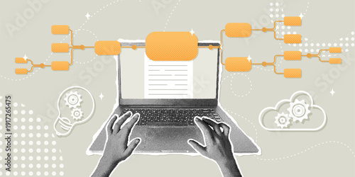 Digital workflow and idea generation with cloud integration. Trendy halftone collage. Concept of analysis, decision making, and risk management.