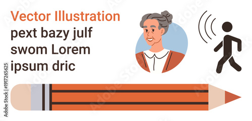 Education, writing, communication, aging, mobility, auditory signals. Elderly woman portrait, pencil and walking person icon with sound wave. Education and communication theme