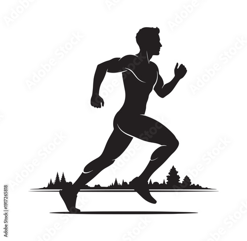 Man running in silhouette with trees in background for sports or fitness concepts