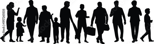 People silhouettes collection showing parents, children and professionals walking, talking and carrying bags, family lifestyle and daily urban activity concept set
