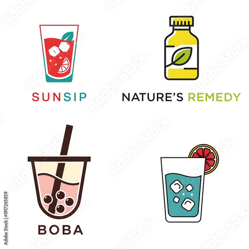 Colorful vector icons of diverse refreshing beverages iced fruit drinks, natural remedies, and trendy bubble tea, suitable for menus and branding