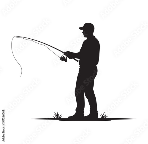 man silhouette fishing with a rod and reel outdoors on land