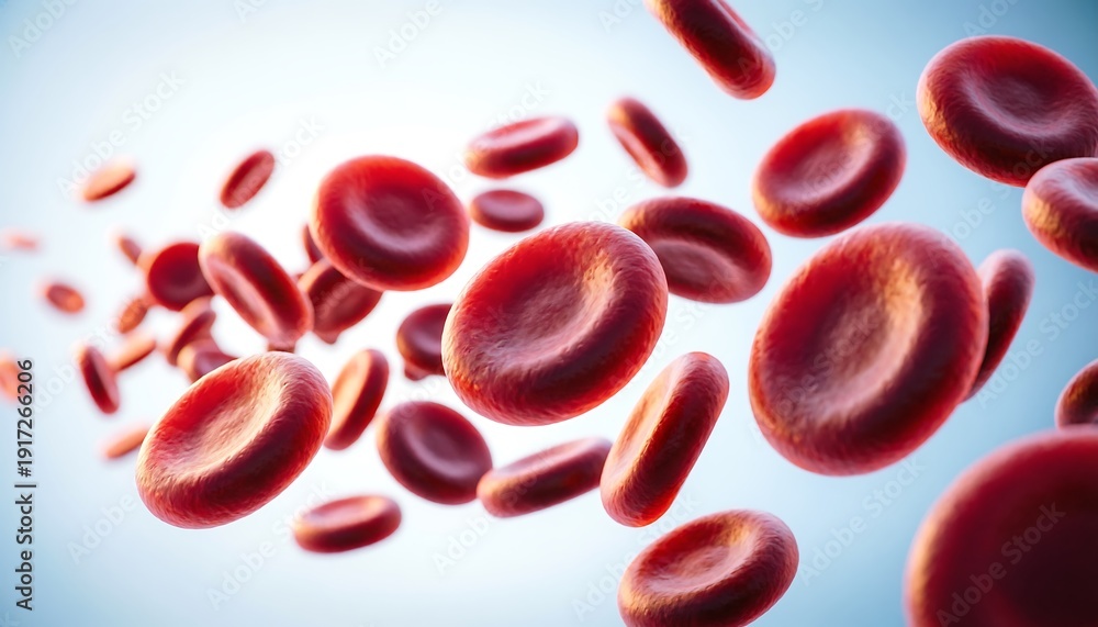 Fototapeta premium Microscopic macro view of erythrocytes flowing through bloodstream, illustrating anemia, circulation, and hematology research. Medical science background for healthcare, laboratory diagnostics, infect