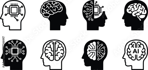 A set of vector line art illustrations depicting human heads with brains and microchips for AI and technology concepts in silhouette mode